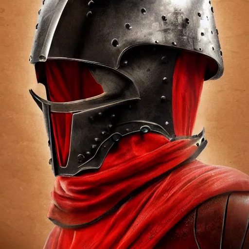 Prompt: elite member of a medieval army wearing black armour and red helmet at war, heroic, fighting a war, dust, blood, sword, realistic, hyper realistic, trending on artstation, defeat