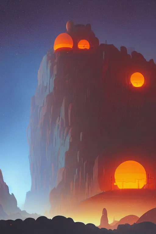 Image similar to traditional temple glowing orange in canyon, lightstreaks and planets in the sky, dramatic lighting, artstation, matte painting, ralph mcquarrie, simon stalenhag