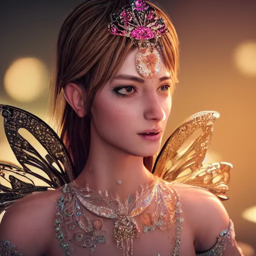 Image similar to portrait of fairy princess, glowing, ornate and intricate jewelry, jaw dropping beauty, glowing background lighting, white accent lighting, hyper detailed, 4 k octane render