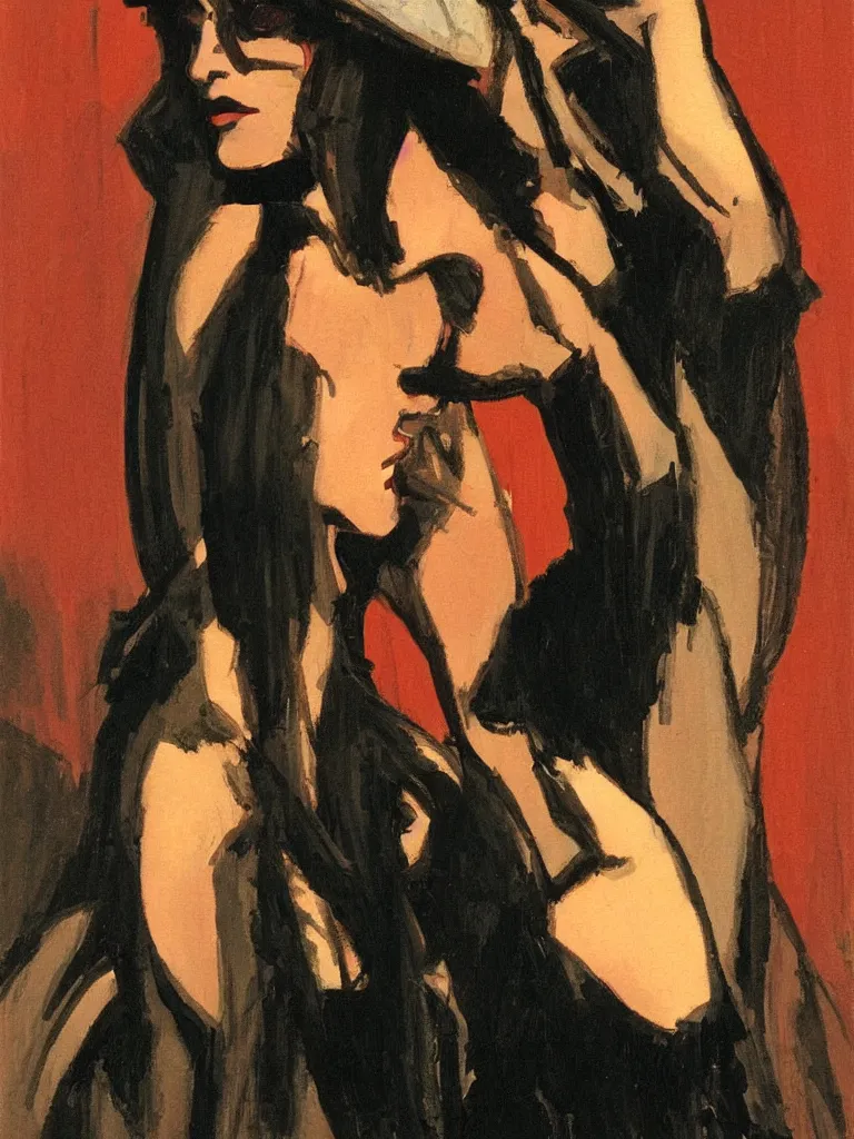 Image similar to portrait profile of one mysterious dark beautiful women in 1 9 7 8, oil painting by john watkiss