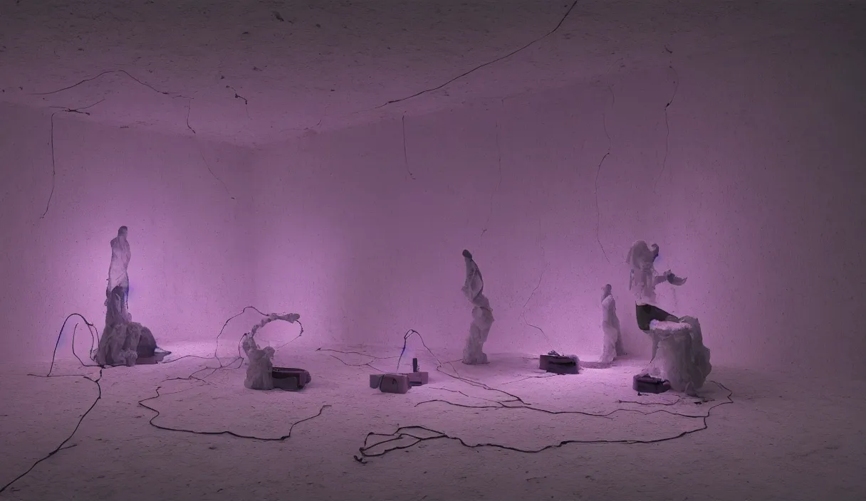 Image similar to artwork by pierre huyghe with wax, porcelain, cables and monitors, purple smoke, ultra realistic, depth, beautiful lighting, glitch, sigma, 8 k, 3 5 mm, f / 3 2