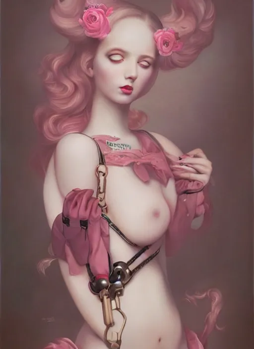 Image similar to pop surrealism, lowbrow art, realistic seductive cute woman painting, pink body harness, hyper realism, muted colours, rococo, natalie shau, loreta lux, tom bagshaw, mark ryden, trevor brown style,