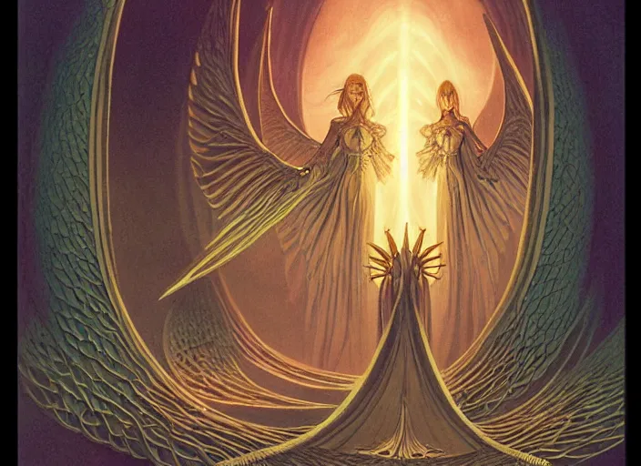 Prompt: a symmetrical! delicate magic the gathering illustration by charles vess of radiant winged seraphim entering the glowing entrance to a gargantuan vulva!!! - shaped temple of smooth organic architecture, floating in the astral plane and constructed of house - sized crystals and with the bulb of the vestibule made of iridescent pearl