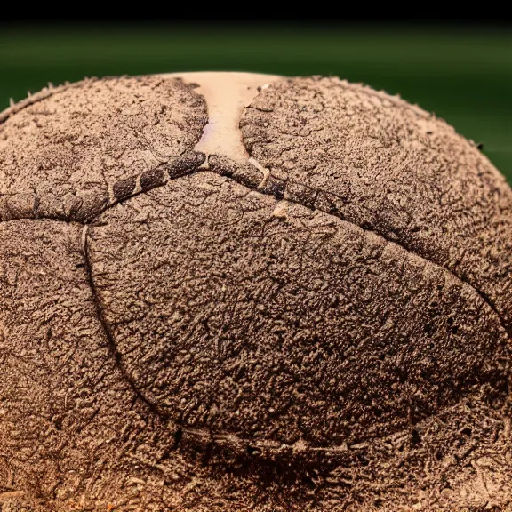 Image similar to a 4 k photorealistic photo close up of a baseball laying in the dirt