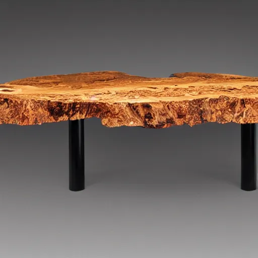 Prompt: rectangular cherry burl wood black epoxy river down the center of the table, modern style, magazine photograph, realistic