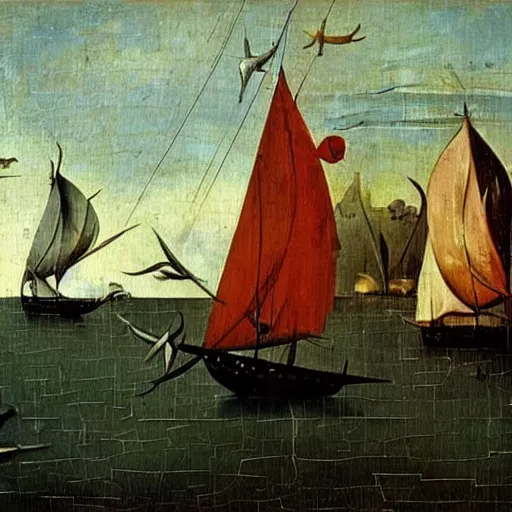 Prompt: oil painting by hieronymous bosch of a caravel sailing ship sailing with sails set. people with silly expressions on the ship. dolphins and whales play around the ship.