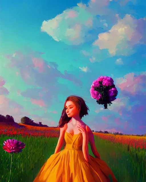 Image similar to girl with a giant carnation head, surreal photography, flower field, sunset dramatic light, impressionist painting, colorful clouds, blue sky, digital painting, artstation, simon stalenhag