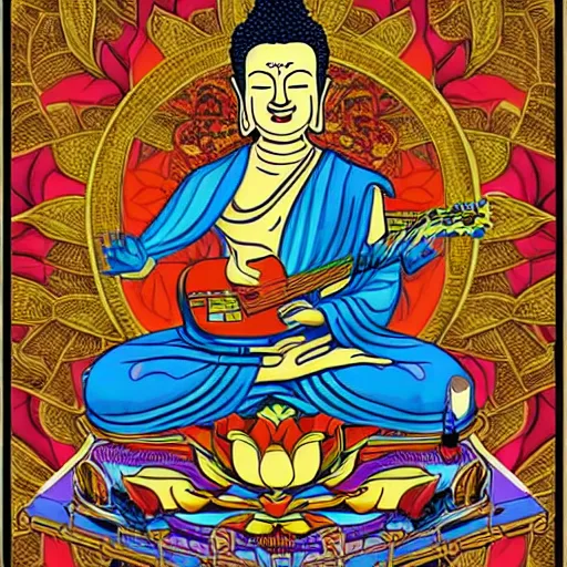 Image similar to buddha playin guitar with his band. symmetrical anatomy, very detailed design, complexity of the picture, with pop punk style, colorful, accompanied by body, pure image without duplication, trending dribble, drawn by vinicius gud and gustavo zambelli