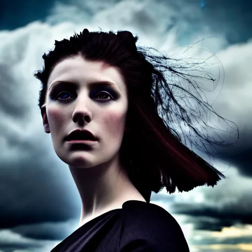 Image similar to photographic portrait of a stunningly beautiful female scottish highlands witch dark moody clouds, contemporary fashion shoot, by edward robert hughes, annie leibovitz and steve mccurry, david lazar, jimmy nelsson, breathtaking, 8 k resolution, extremely detailed, establishing shot, artistic, hyperrealistic, perfect face, octane render