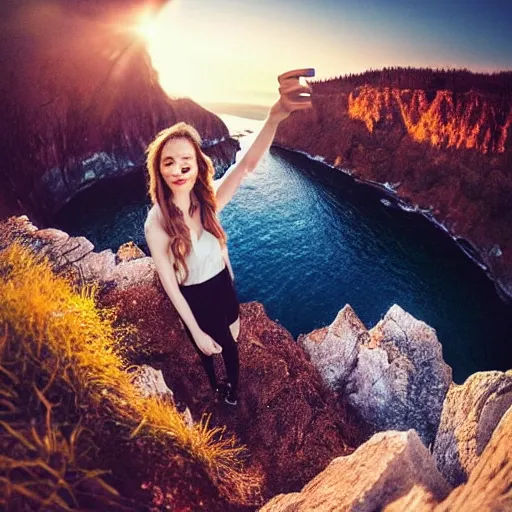 Prompt: Selfie of a beautiful woman with gorgeous flowy hair, standing over a cliff, beautiful volumetric lighting, subsurface scattering!!!!!!, (((((vivid))))) atmosphere, radiant sunshine, trending on artstation, 4k, 8k, artstation portrait imagery, fisheye!!!!! lens, instagram!!!!! selfie!!!!!