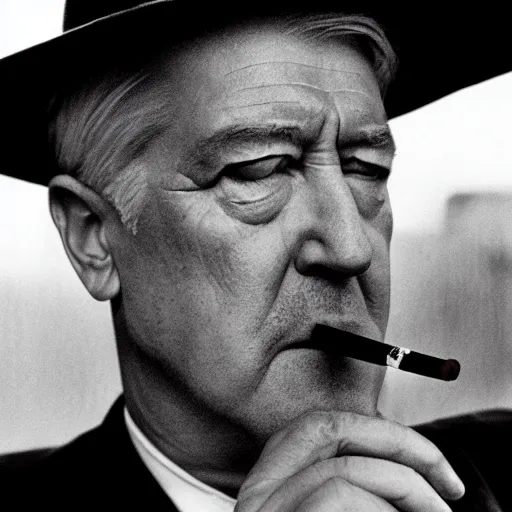 Prompt: David Lynch smoking a cigarette, pensive, high detail, black and white