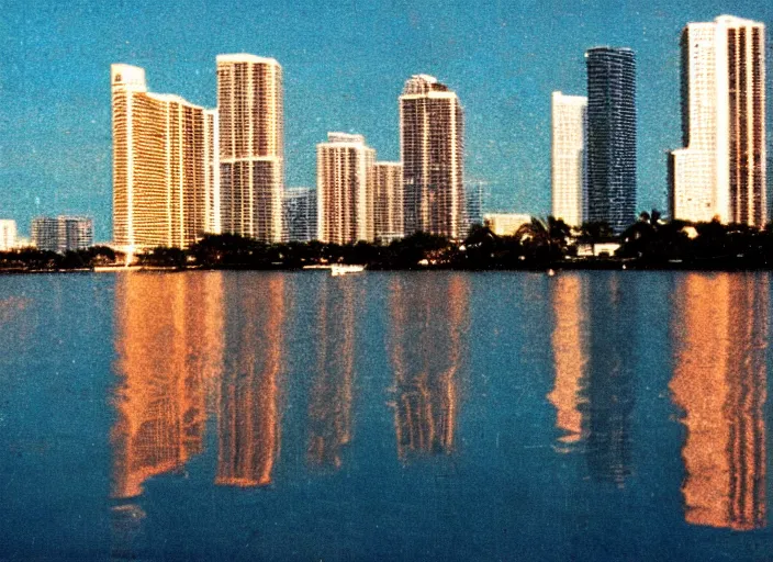 Prompt: retro color photo of a miami city skyline in the 8 0's. reflections in the water. boats in the water