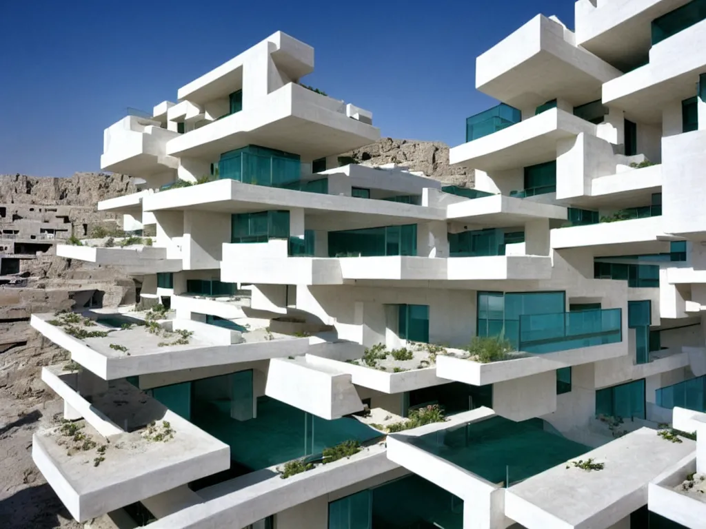 Prompt: habitat 6 7, white terraced architecture hotel in the dessert, many plants and infinite pool, modern glass wall