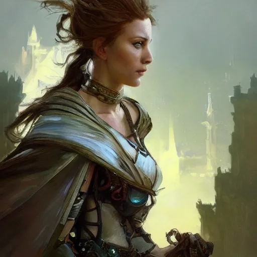 Prompt: closeup portrait of an artificer, dungeons and dragons character, dramatic lighting, female warrior, beown hair, castle background, gorgeous view, realistic, high detail, digital art, painted by greg rutkowski, painted by jeremy mann, painted by alphonse mucha, trending on artstation