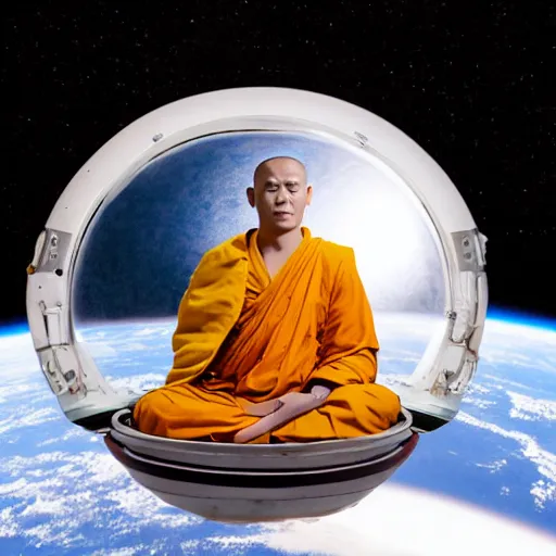 Image similar to a Buddhist monk levitating whilst meditating inside an astronauts helmet