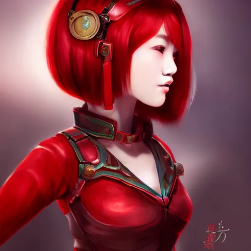 Prompt: half length portrait of a half - chinese teenage girl with short red hair and red outfit, still from arcane : league of legends, 3 d painting, animated, digital art, steampunk, anime