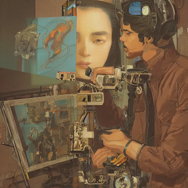 Image similar to robot artist painting a self - portrait on a canvas. intricate, highly detailed, digital matte painting, in the style of alexandros pyromallis, and in the style of sachin teng, and in the style of hans thoma, and in the style of william andrew loomis. irony, recursion, inspiration.