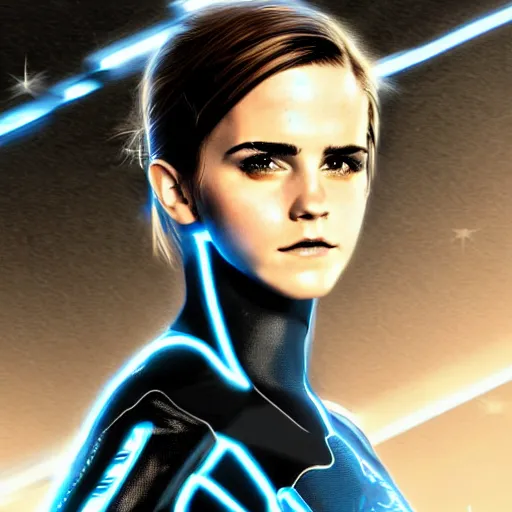 Prompt: closeup shot of emma watson in tron legacy cosplay, concept art, by artgerm and luis royo