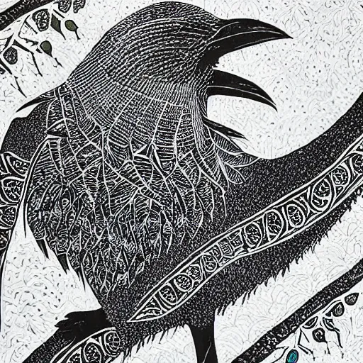 Prompt: crow, detailed intricate block print, 4k, black ink on white paper