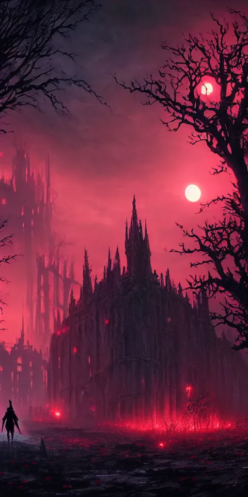 Image similar to abandoned bloodborne old valley with a obscure person at the centre and a ruined gothic city in the background, trees and stars in the background, falling red petals, epic red - orange moonlight, perfect lightning, wallpaper illustration by niko delort and kentaro miura, 4 k, ultra realistic