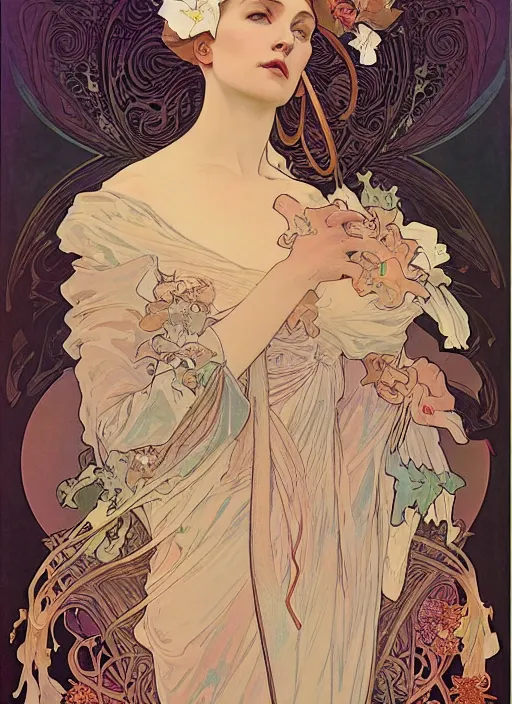 Prompt: a woman by james jean, alphonse mucha, brian despain, will murai, linn olofsdotter, sam weber, jinyoung shin, joy ang, andrey gordeev, mark verhaagen, paul davey, craig mullins, shane prigmore, ryohei hase, andrew wyeth, szukalski