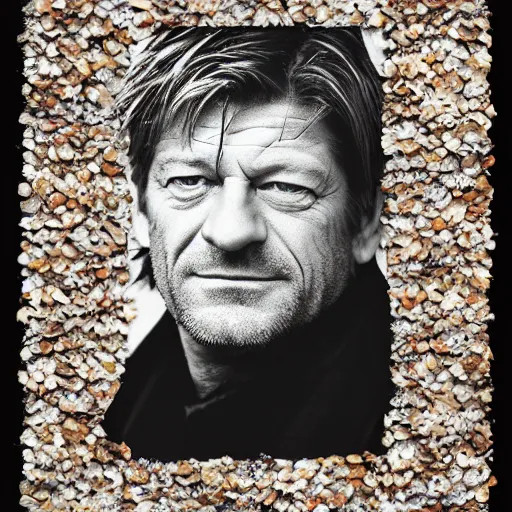 Image similar to a portrait of of sean bean constructed from beans, collage, drop shadow, organic, layered composition, layers, texture, mcu, petals, highly textured, layered, sculpted, dynamic,