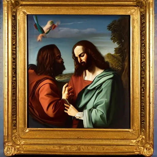 Prompt: 1 8 th oil panting of a jesus coupling with maria maddalena