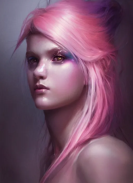 Image similar to girl with unkempt blue and pink hair, beautiful highly detailed face, complementary lighting, backlit, eyeshadow, divine, beautiful painting by artgerm and greg rutkowski and raymond swanland