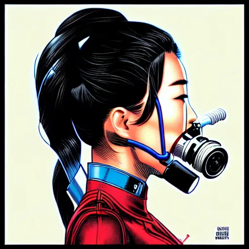 Image similar to a profile photo of a chinese spy woman side profile with a diving oxygen mask with side profile blood in ocean intricate details by MARVEL comics and Sandra Chevrier-C