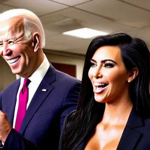 Image similar to stock photo of kim kardashian, and joe biden wearing suits and ties laughing in an office building, 8k resolution, full HD, cinematic lighting, award winning, anatomically correct