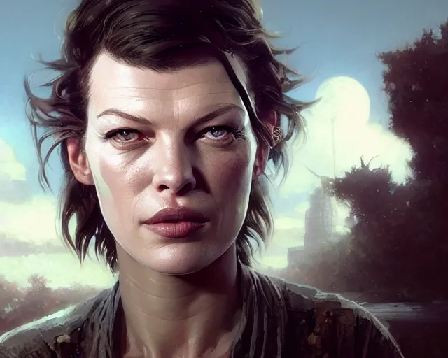 Image similar to highly detailed portrait of milla jovovich, in the walking dead, stephen bliss, unreal engine, fantasy art by greg rutkowski, loish, rhads, ferdinand knab, makoto shinkai and lois van baarle, ilya kuvshinov, rossdraws, tom bagshaw, global illumination, radiant light, detailed and intricate environment