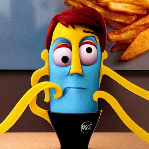 Image similar to [ a french fry chip ] shaped like stephen fry as a pixar character hybrid intercross mix