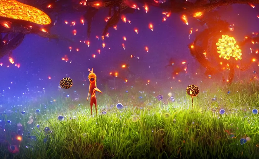 Prompt: foxfire fungi, fireflies, expressive eyes, floating, rbc, radiolaria, protophyta, micro - organisms, center frame, symmetric, rim light, marine microbiology, bioluminescence, electric, fur, soft, concept art, intricate details, highly detailed, colorful, photorealistic, disney pixar, octane render