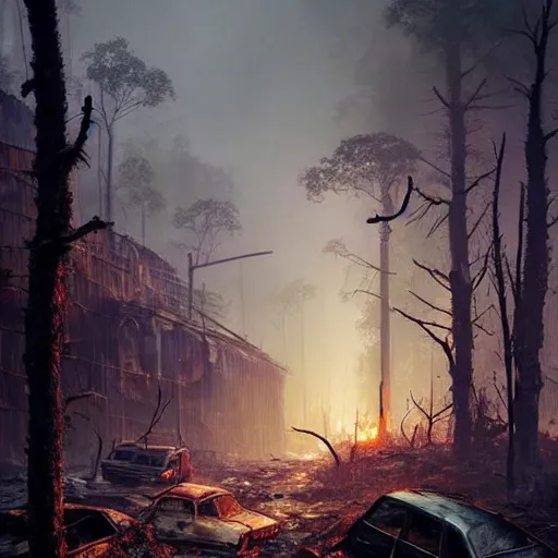 Prompt: wild forest!!! vegetation!!!, rubble!!, rusty cars!!, postapocalyptic city of munic!!, hyperrealistic, highly detailed, cinematic, foggy light from fires, beautiful, cgssociety, artstation, 8 k, oil painting by greg rutkowski, by artgerm, by wlop