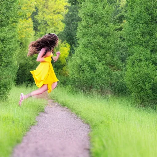 Image similar to a woman running at night in a yellow dress in the center of the frame sideways, dark hair, a barn, bushes and trees in the background, realistic photo, 4K, 35 mm