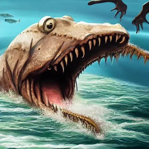 Image similar to hyper realistic sea monster with harpoons sticking out of it's skin