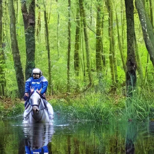 Image similar to a photo of an astronaut riding a horse in the forest. there is a river in front of them with water lilies