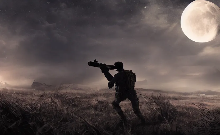 Image similar to a blind sniper, digital art, game cinematic, epic composition, moonlit, blue rimlighting, high fov