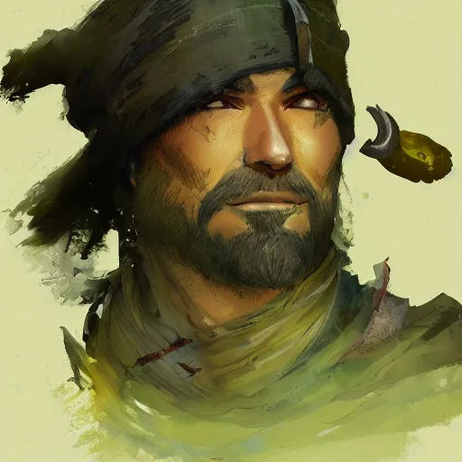 Prompt: a medieval hunter man with japanese ethnicity and stubble, chartreuse color scheme, fantasy character portrait by craig mullins