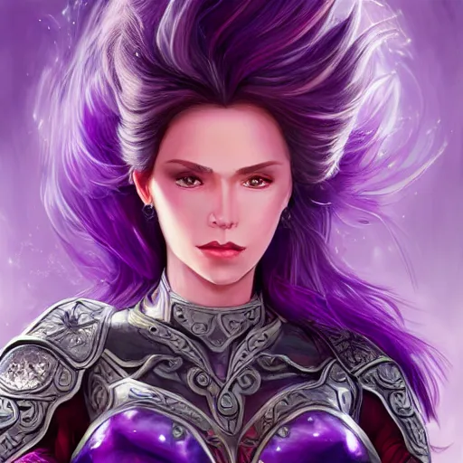 Image similar to perfectly centered portrait, front view of a beautiful woman in bionic amethyst armor, female, flowing purple hair, intense stare, stoic, symmetrical, concept art, intricate detail, volumetric shadows and lighting, realistic oil painting magic the gathering style,