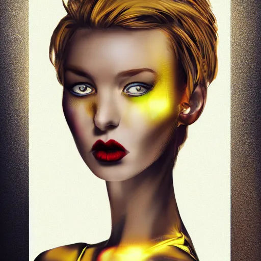 Image similar to a woman wearing a yellow dress with one leg revealed, detailed body structure, detailed face with pink lips and blue eyes, gothic atmosphere, digital art, highly detailed, high contrast, beautiful lighting, award winning, trending on art station, photorealistic, 8 k,