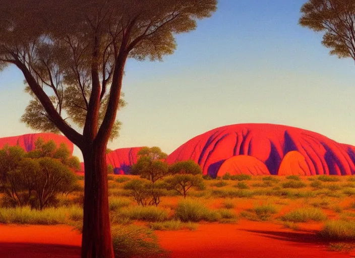 Image similar to uluru, australia in the style of hudson river school of art, oil on canvas