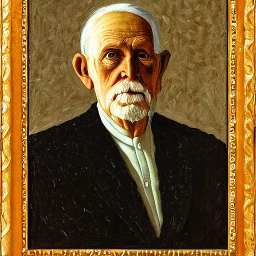 Image similar to portrait of old man by Grant Wood, on simple background, oil painting, middle close up composition