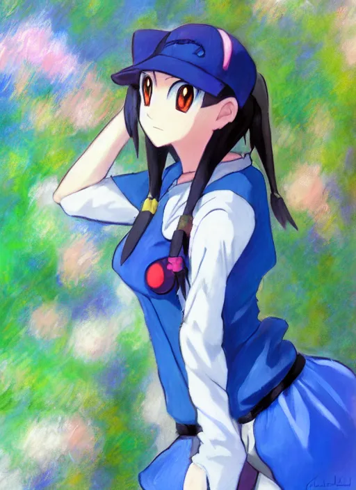 Image similar to a portrait of a female pokemon trainer, blue outfit, very anime in impressionist style, anime trending artwork, anime painter studio, by claude monet