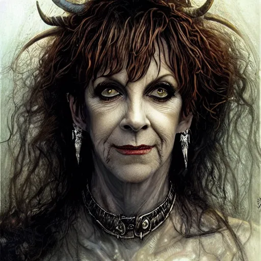 Image similar to head and shoulders portrait of an evil, black - skinned, horned night hag portrayed by reba mcintyre, d & d, fantasy, luis royo, magali villeneuve, donato giancola, wlop, krenz cushart