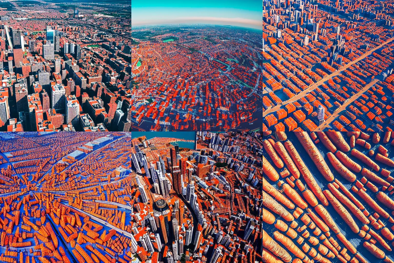 Prompt: a professional photo of a city made of carrots, sky - high view, wide - angle, 4 k, very detailed photo, bird - eye view