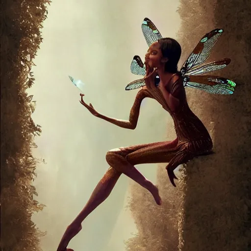 Image similar to brown woman wearing a shiny dragonfly armor. iridiscent. super detailed. layered. textured. award winning. dispersion of light. refracted lighting. soft. fragile. by ray caesar. by louise dahl - wolfe. by andrea kowch. by tom bagshaw. surreal photoraphy