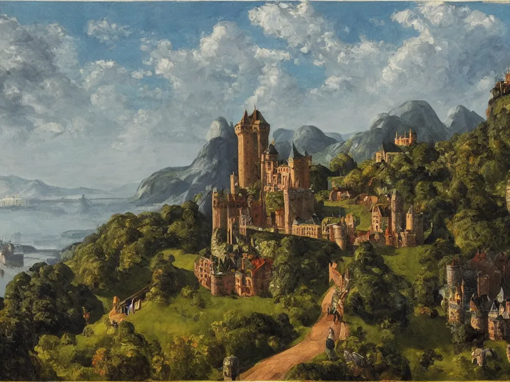 Image similar to highly detailed castle and surrounding village, panorama, thunderstorm, foliage, knights, people by Edward Hopper, David Hardy and Ernst Haeckel