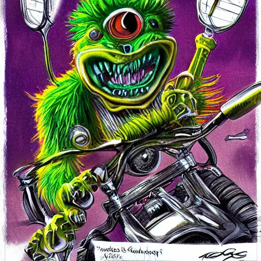 Image similar to a tennis ball monsteron a motorcyle harley davidson on a tennis court, digital art, fantasy, magic, chalk, trending on artstation, ultra detailed, professional illustration by basil gogos