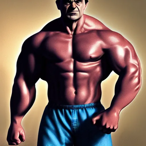 Image similar to upper body portrait of a hulking bulky swole steroids musclebound huge bodybuilder muscular herculean chiseled mr bean rowan atkinson, cinematic lighting, photorealistic, octane render, 8 k, depth of field, 3 d, art by artgerm and greg rutkowski and alphonse mucha and uang guangjian and gil elvgren and sachin ten